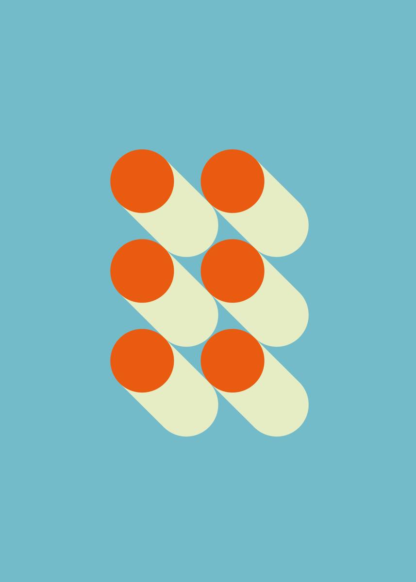 Bauhaus 01 — six orange circles, cream shadows, a blue field
